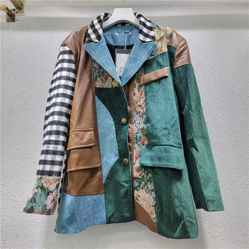 Trendy Women's Plaid Patchwork Blazer with floral and plaid designs, perfect for winter fashion.