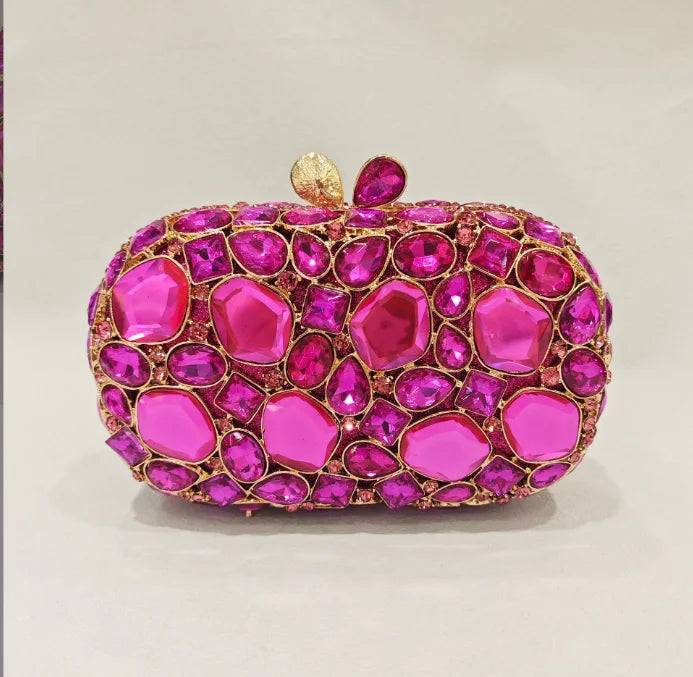 Pink gemstone clutch bag.