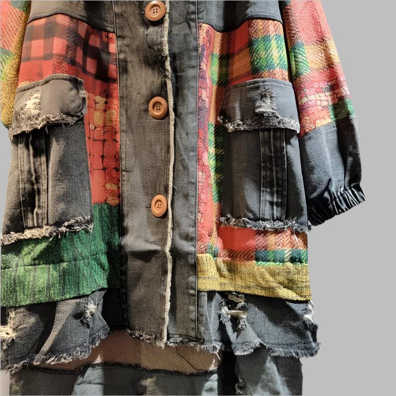 Women’s Plaid Patchwork Denim Coat – Vintage Hooded Style