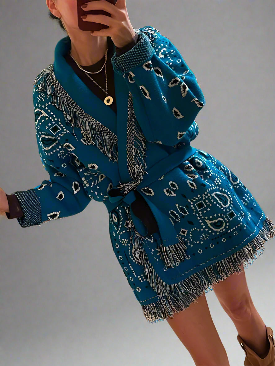 Geometric Patchwork Cardigan with Tassel Belt