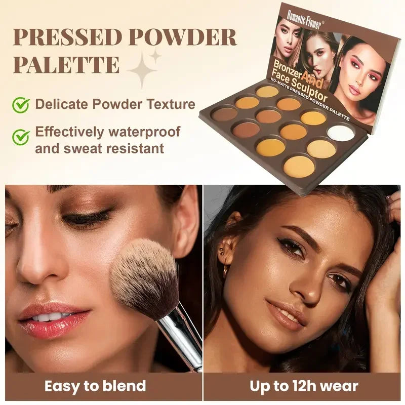 Pressed powder palette with a woman applying makeup and text highlighting features.