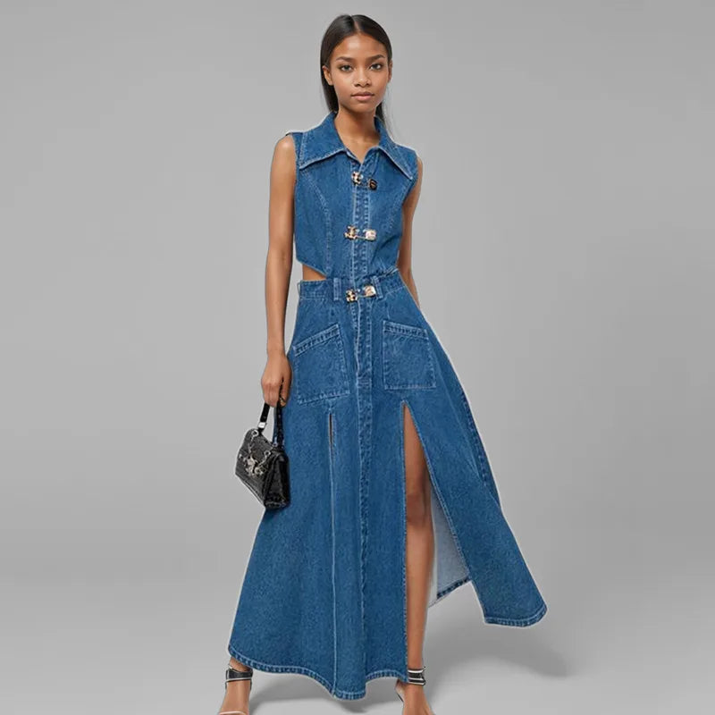 Women’s Waist Hollow Out Denim Long Dress – Trendy Sleeveless Split Dress