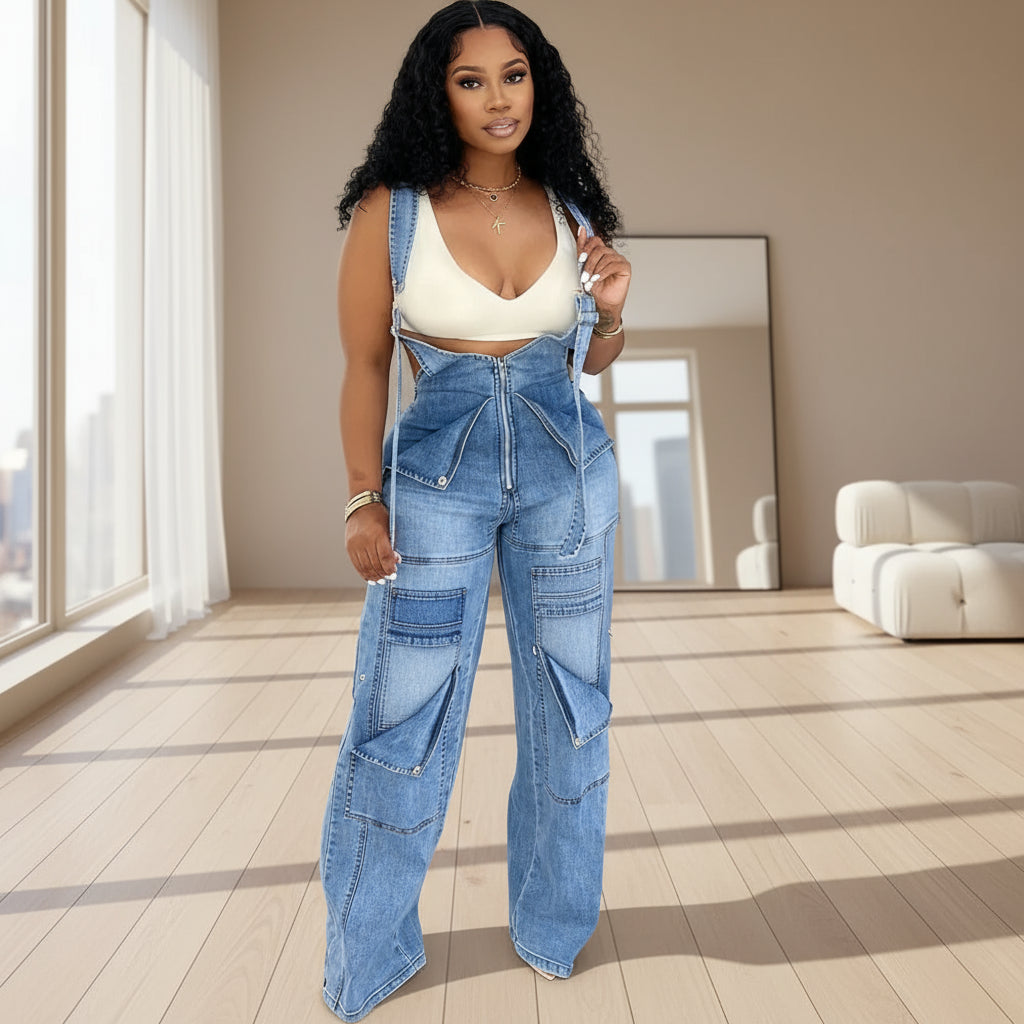 Woman wearing blue denim overalls 