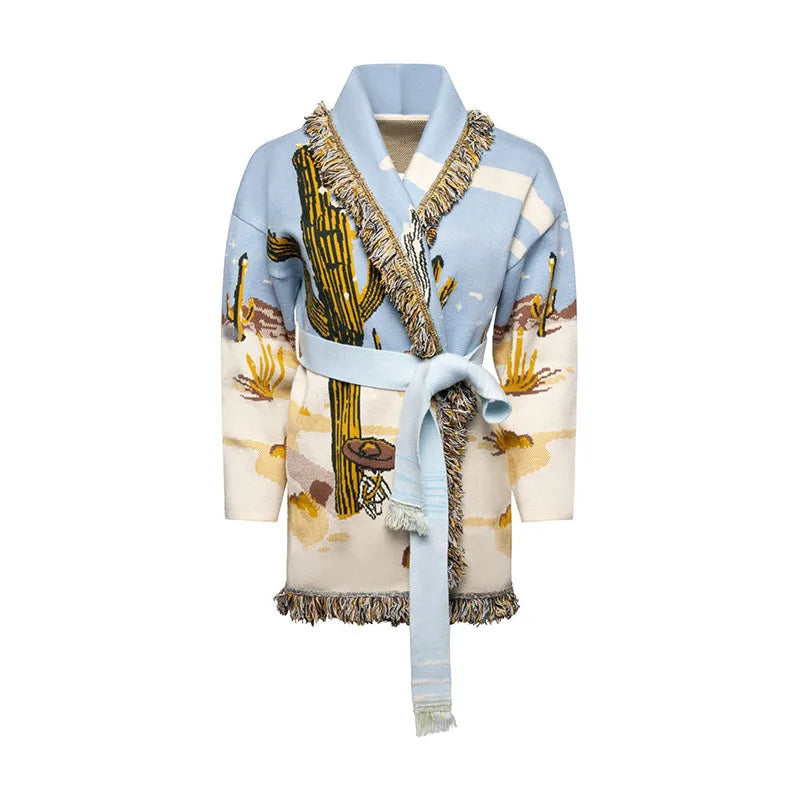 Geometric Patchwork Cardigan with Tassel Belt