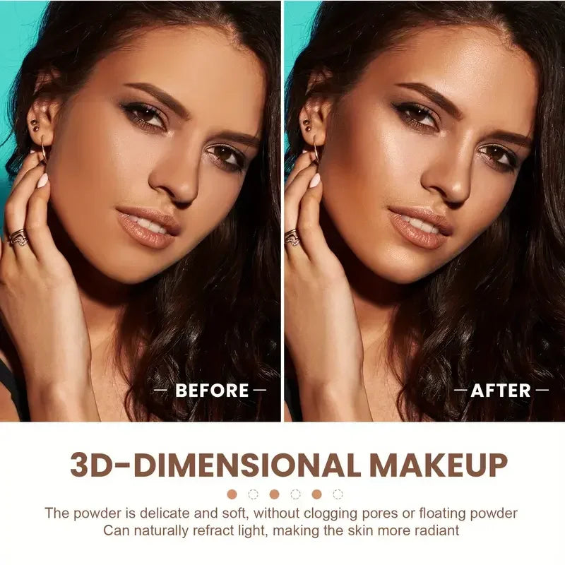 Before and after comparison of 3D-dimensional makeup on a woman's face.