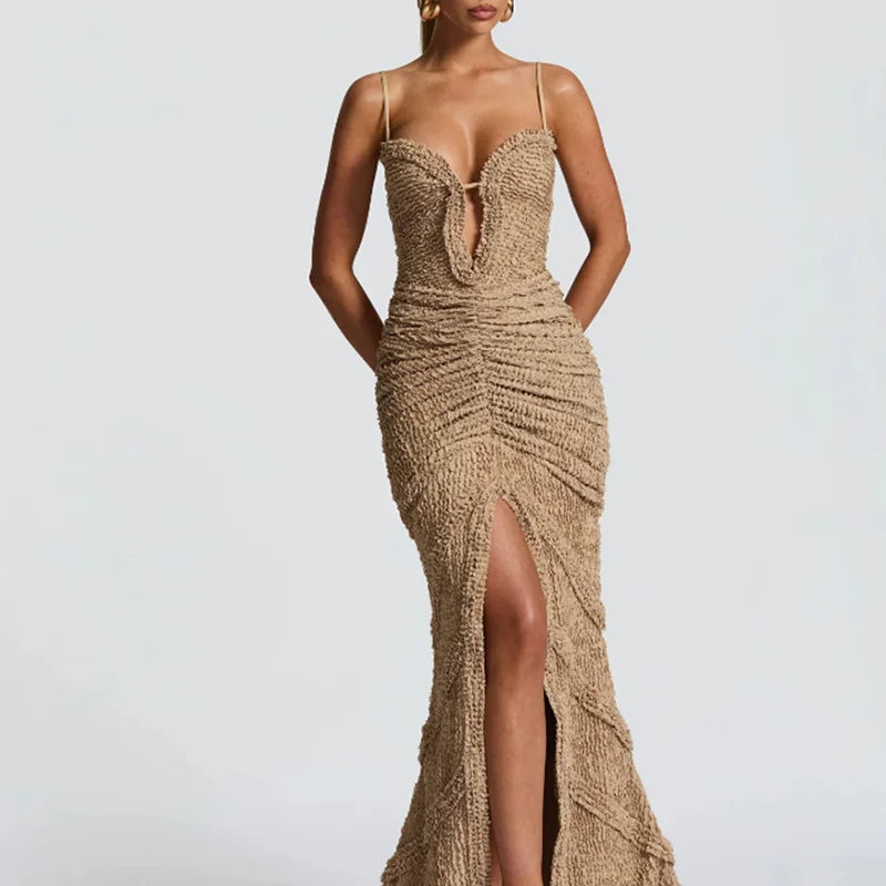 Backless slim fit deep V-neck split suspender party gown for women