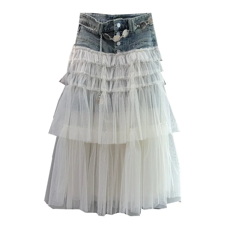 Trendy Spliced Mesh Denim Long Skirt – High Waist Style