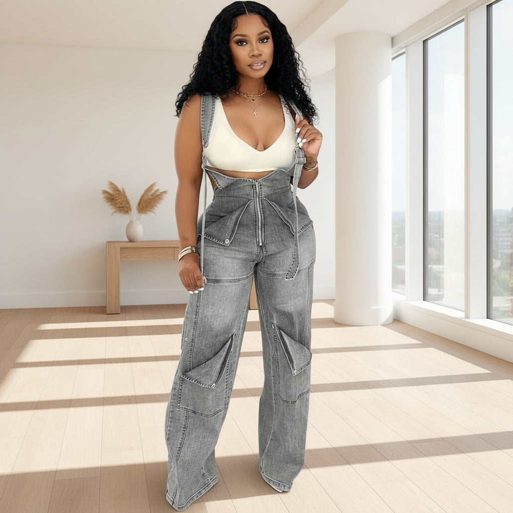 Woman wearing a gray denim jumpsuit 