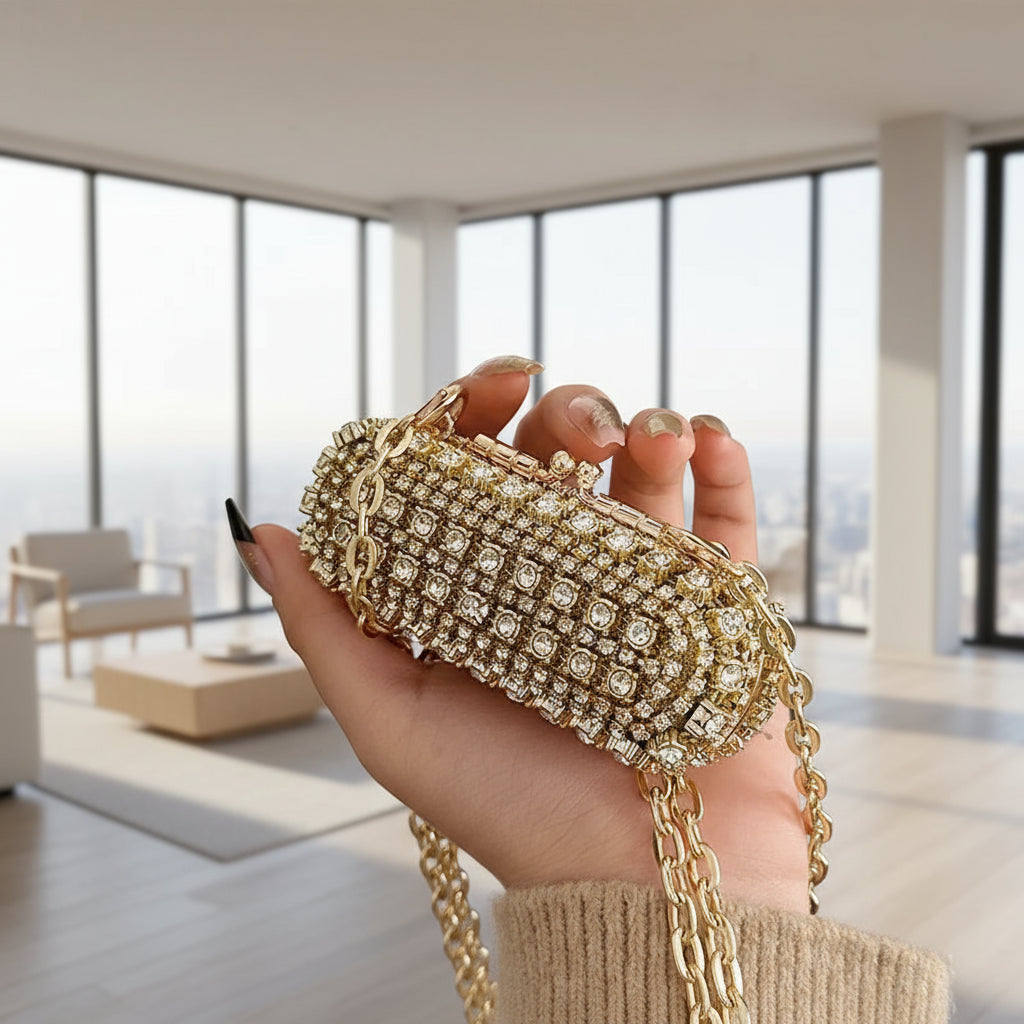 Gold clutch with chain strap 