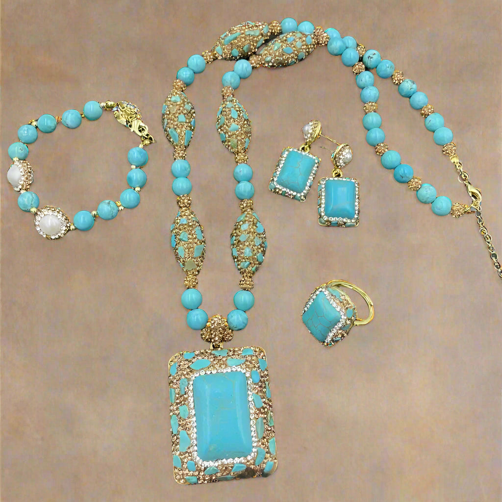 Natural blue turquoise earrings and rhinestone crystal jewelry set for women
