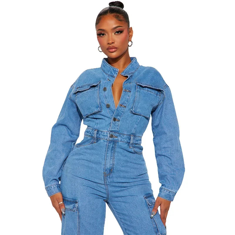 Woman wearing a blue denim jumpsuit 