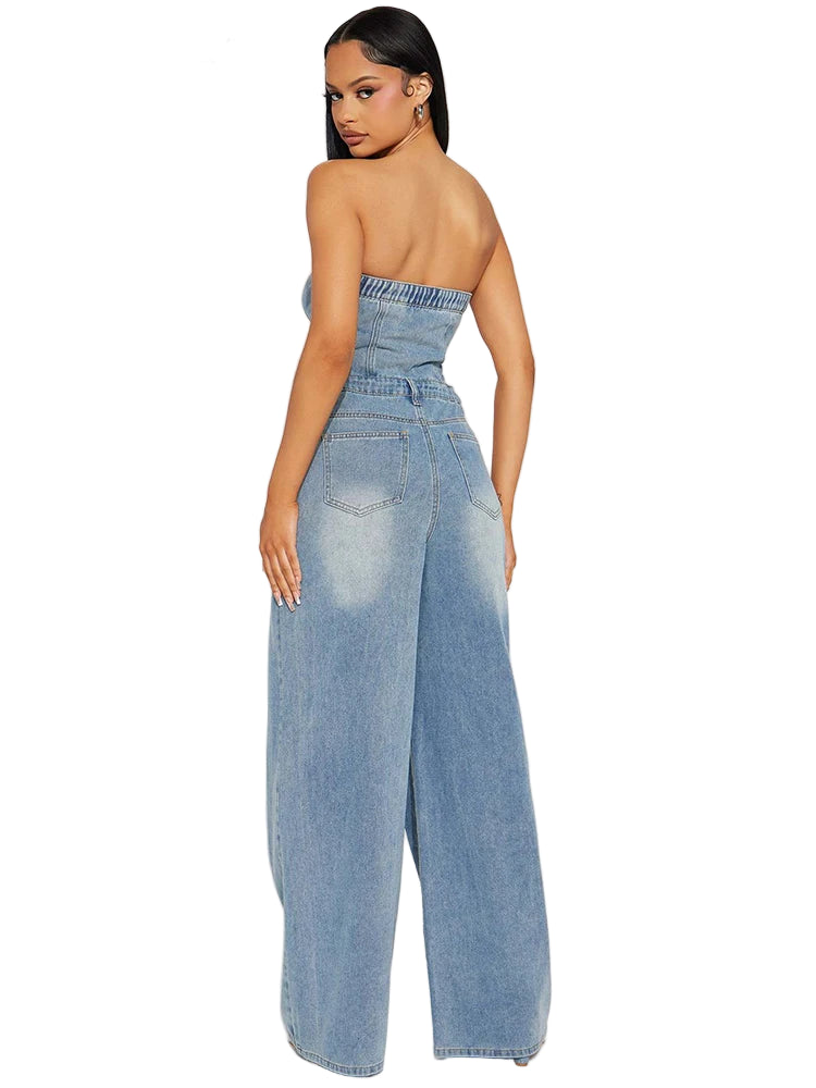 Blue denim off-shoulder jumpsuit with high waist and wide leg pants