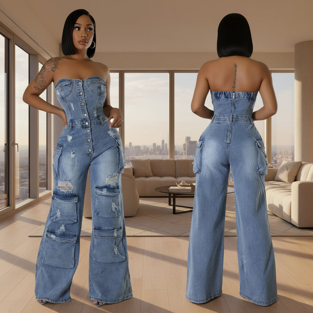 Woman wearing a denim jumpsuit with patchwork design