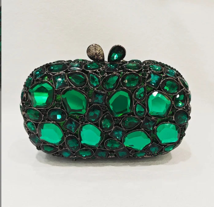 Green gemstone clutch bag.