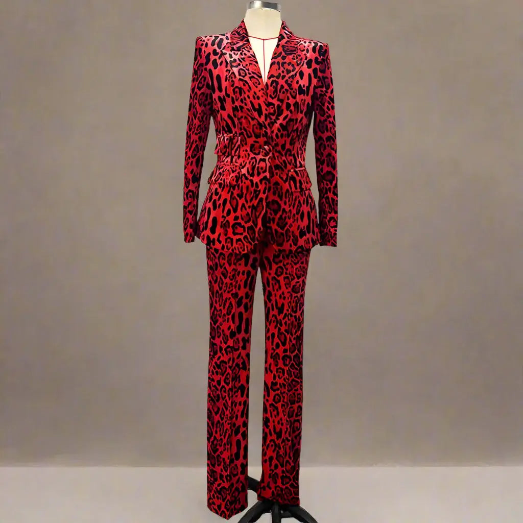 Women's leopard print velvet blazer and high waist slim pants set in a bold red color.