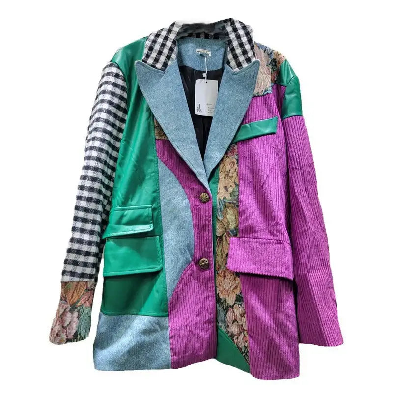 Trendy women's plaid patchwork blazer featuring vibrant colors and unique designs, perfect for winter fashion.