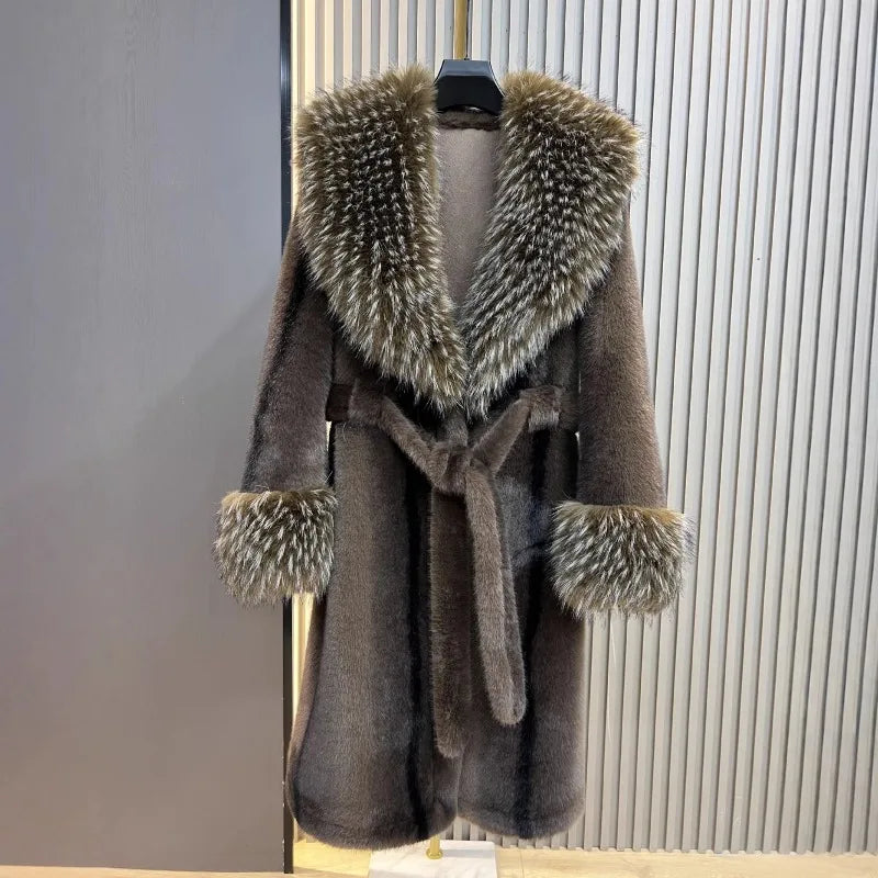 Gray coat with fur trim.