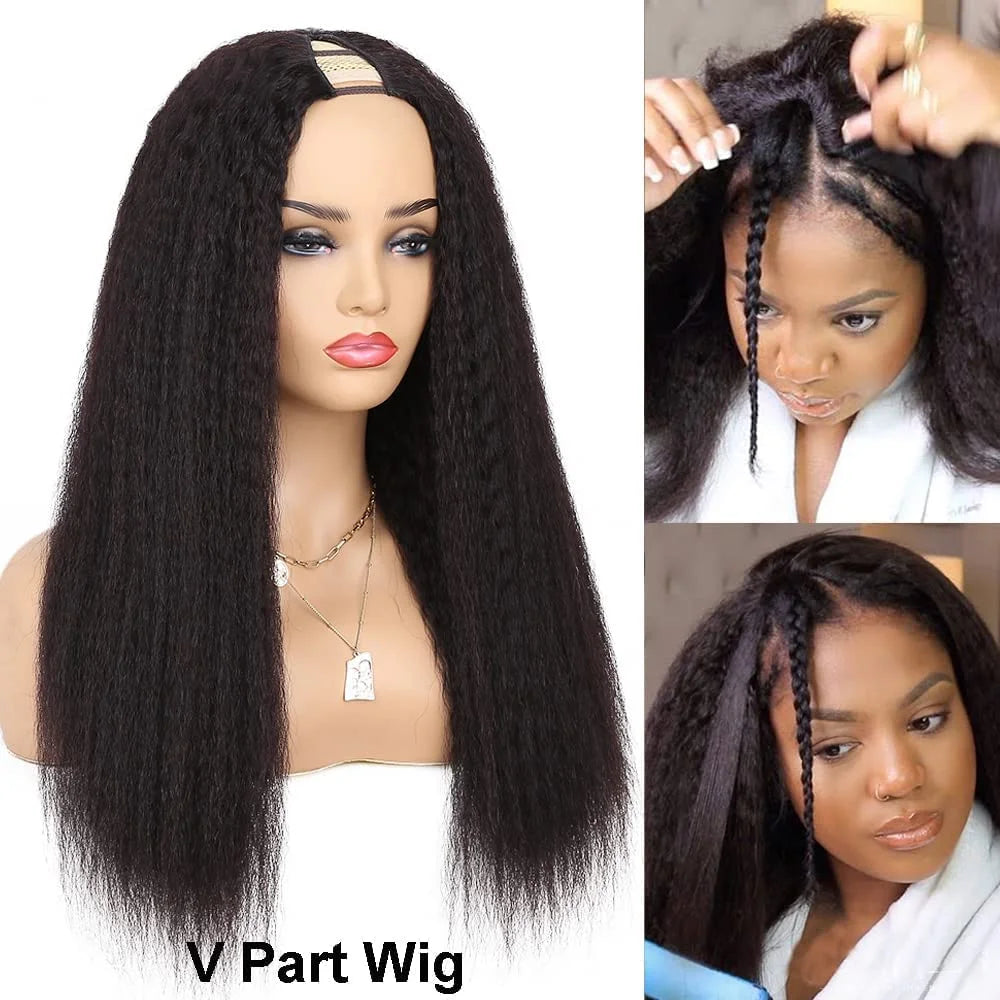 V Part Kinky Straight Human Hair Wig - Glueless Brazilian Half Wig