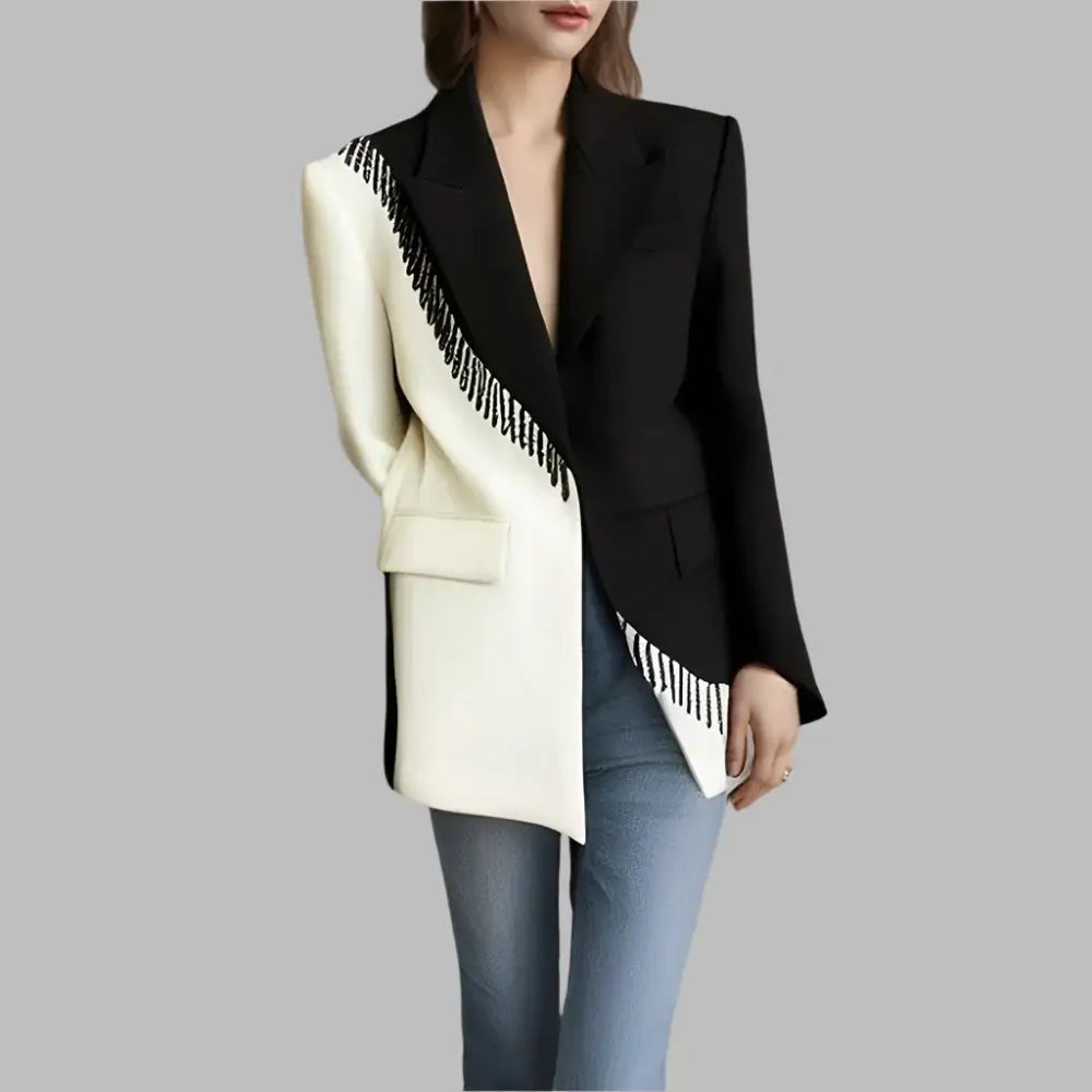 Colorblock patchwork tassel blazer for women featuring a black and white design, tailored fit, and stylish fringes.