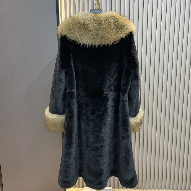 Women's Long Woolen Coat with Faux Fur Collar