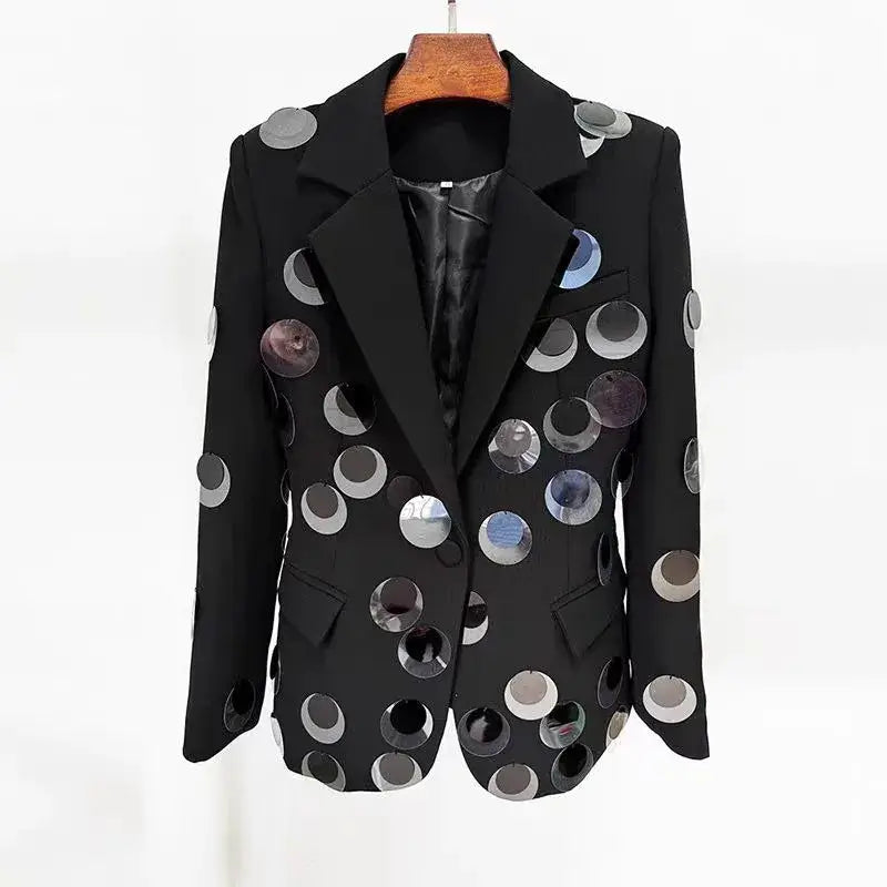 Women's Spliced Big Sequins Blazer with oversized sequins for a glamorous, polished look.