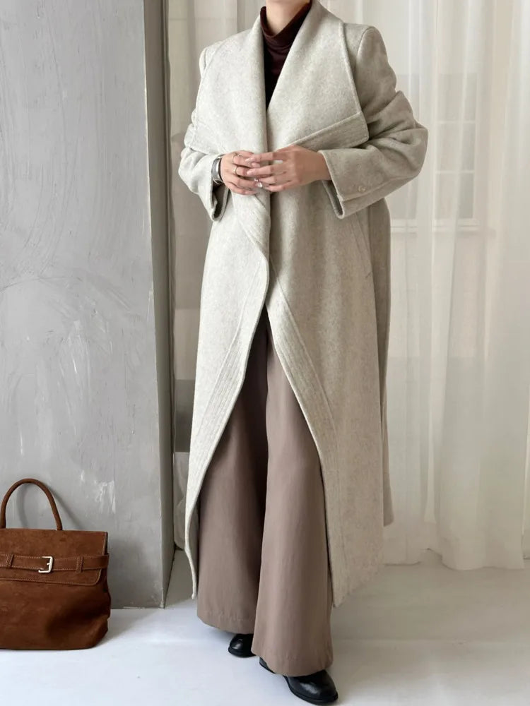 Warm Elegant Womens Long Wool Blend Wrap Coat
