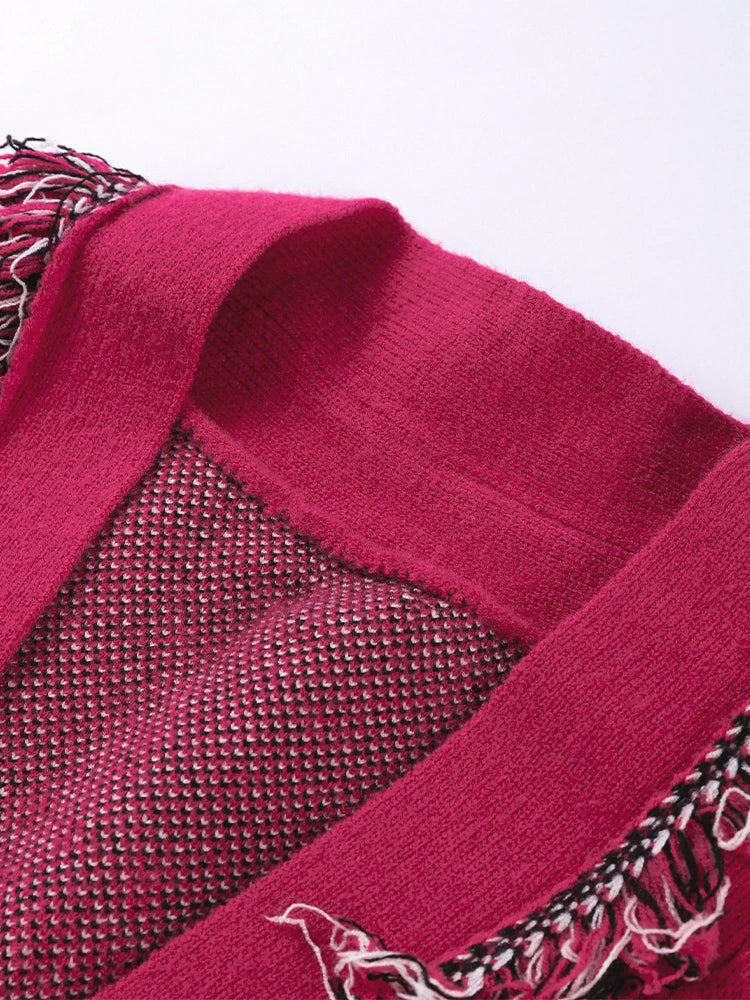 Geometric Patchwork Cardigan with Tassel Belt