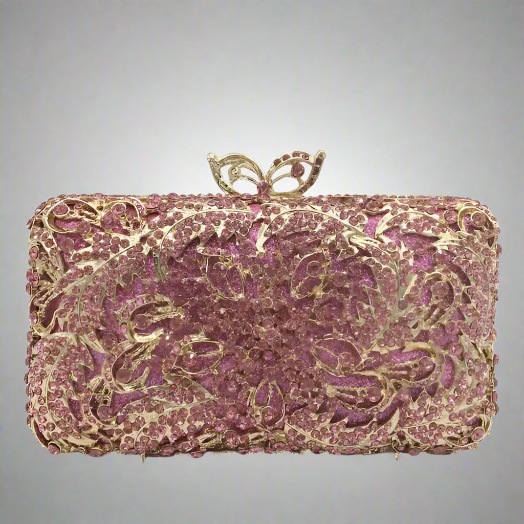 Pink and gold beaded clutch bag .