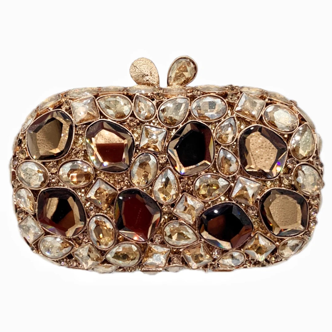 Elegant clutch bag with gemstone embellishments.