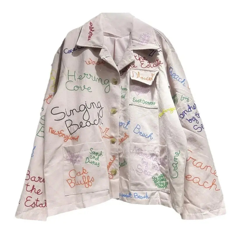 Trendy women's colorful letter denim jacket with spliced design and turn-down collar for spring style.