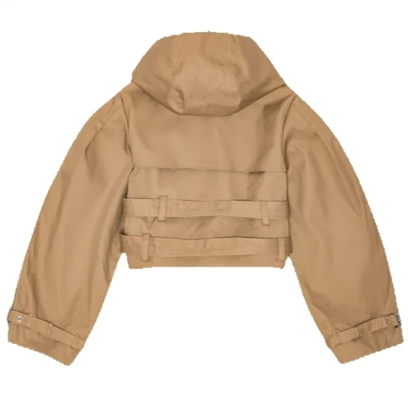 Beige jacket with a hood.