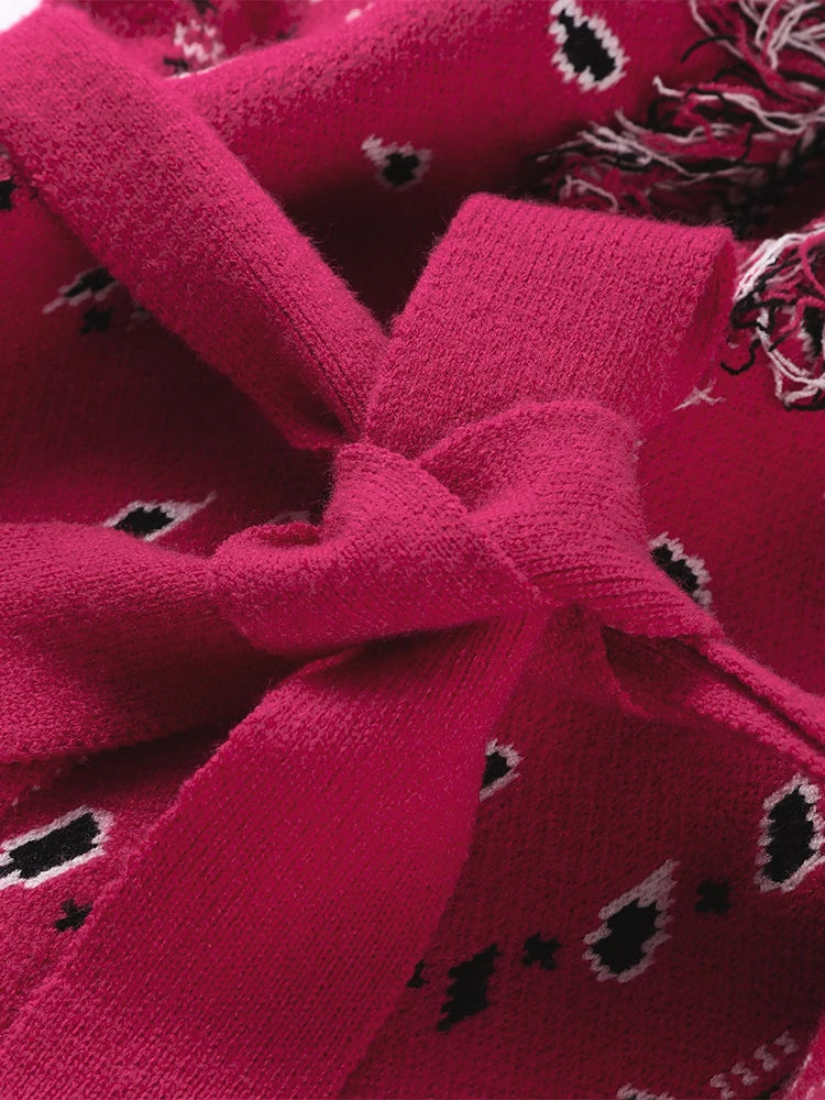 Geometric Patchwork Cardigan with Tassel Belt