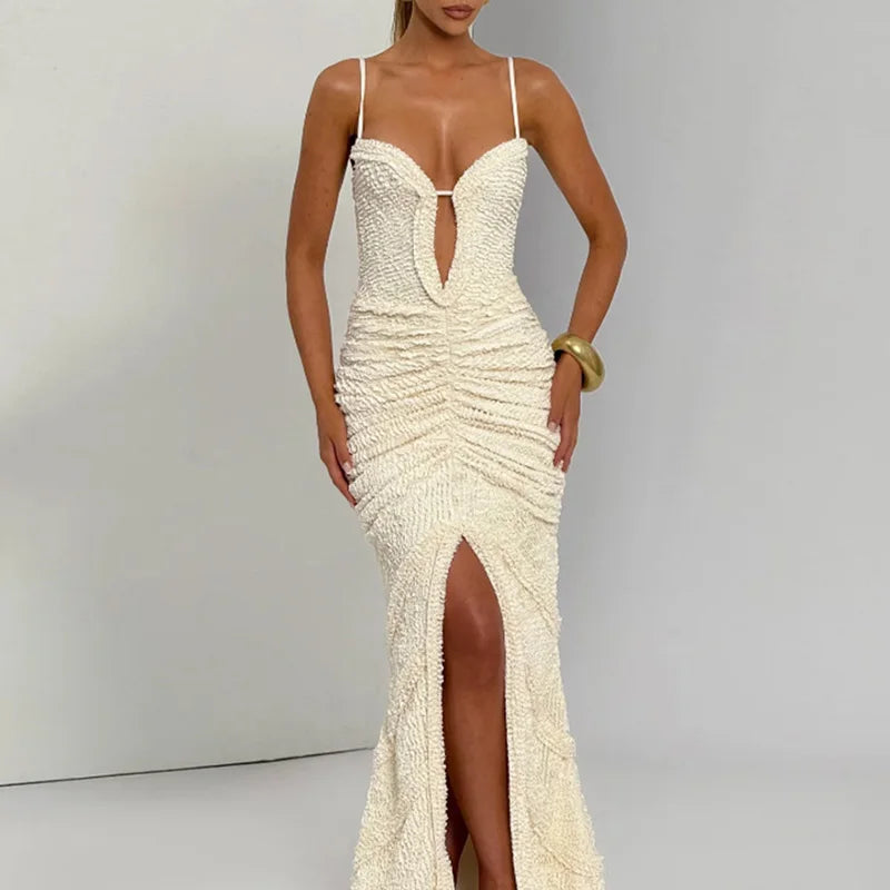 Backless slim fit deep V-neck split suspender party gown for women