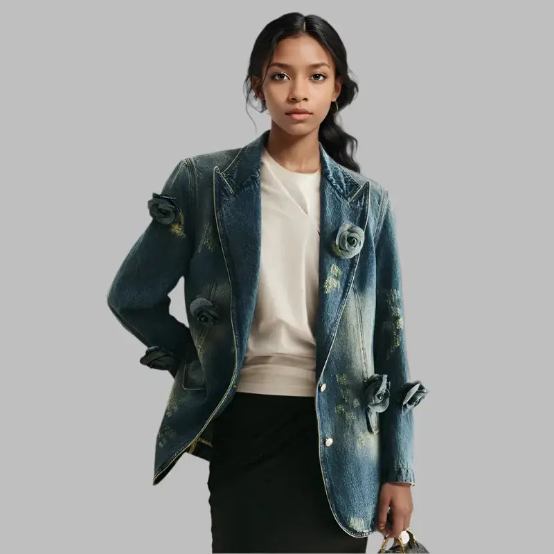 Women's 3D floral embroidered relaxed denim blazer with a stylish fit and intricate details, perfect for layering.