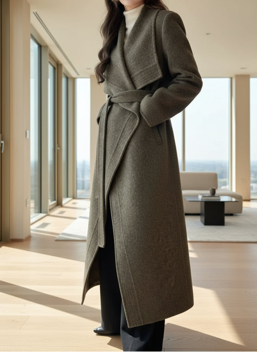 Warm Elegant Womens Long Wool Blend Wrap Coat