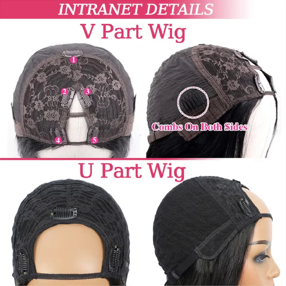 V Part Kinky Straight Human Hair Wig - Glueless Brazilian Half Wig