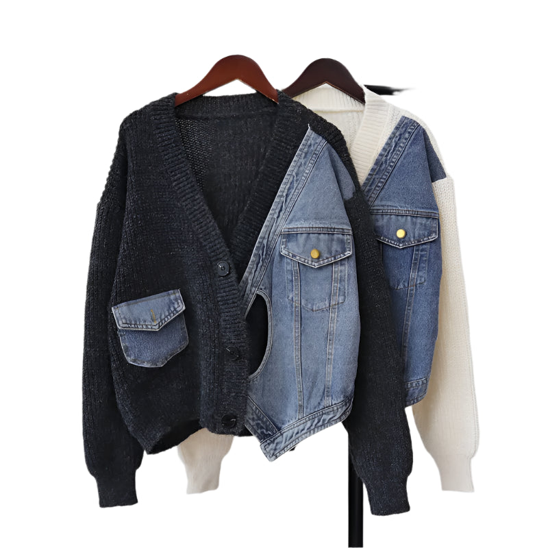 Women’s Patchwork Denim Knitted Cardigan – V-Neck Long Sleeve Sweater