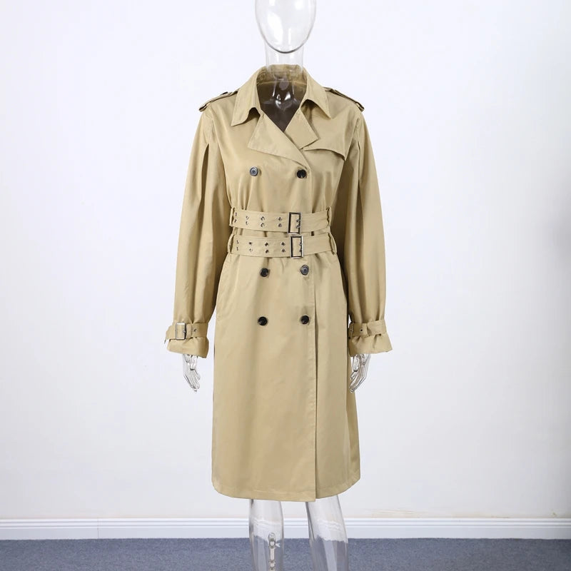 Women's Long Trench Coat - Double Breasted Hooded Punk Jacket with Belt