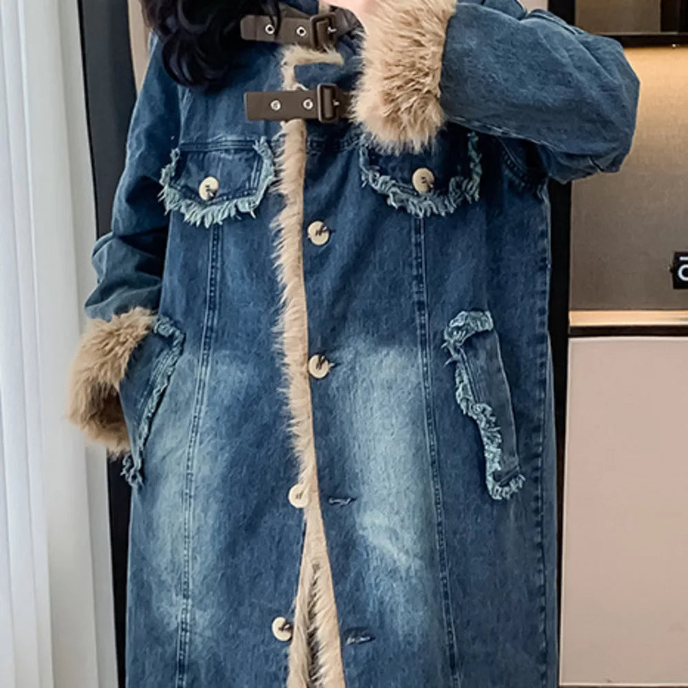 Women's Warm Denim Long Coat with Plush Trim & Belt