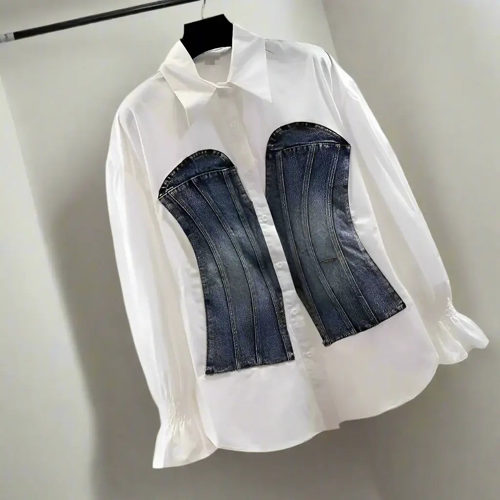 Long sleeves white blouse with denim corset detailing, showcasing a unique blend of classic and modern style.