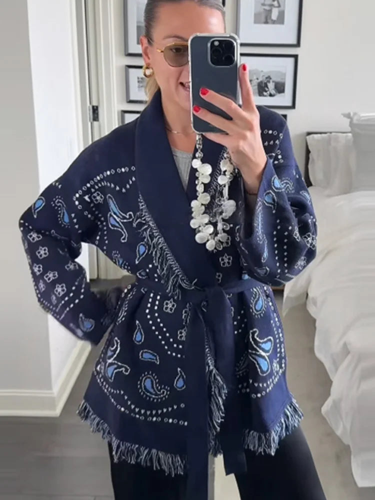 Geometric Patchwork Cardigan with Tassel Belt