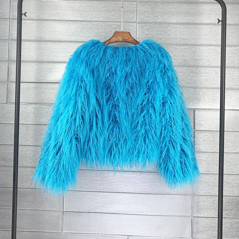 Blue fluffy jacket on a hanger 