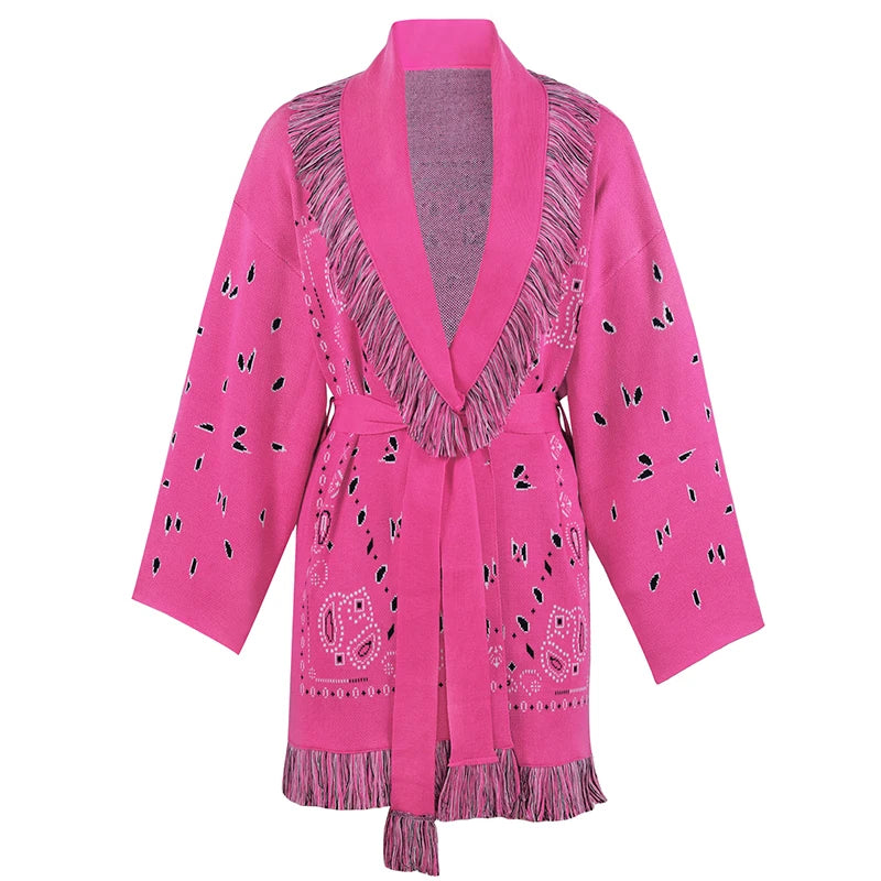 Geometric Patchwork Cardigan with Tassel Belt