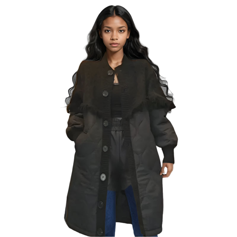 Model wearing a women's cozy black tassel knit long coat, featuring button-up closure and stylish design.