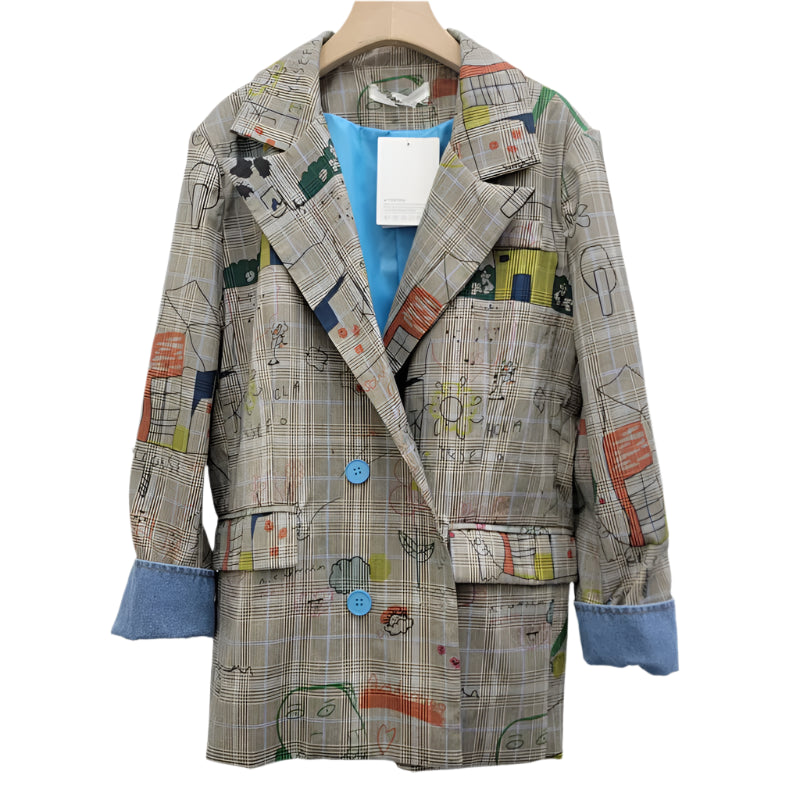 Women’s Gray Plaid Graffiti Blazer – Trendy Loose Fit