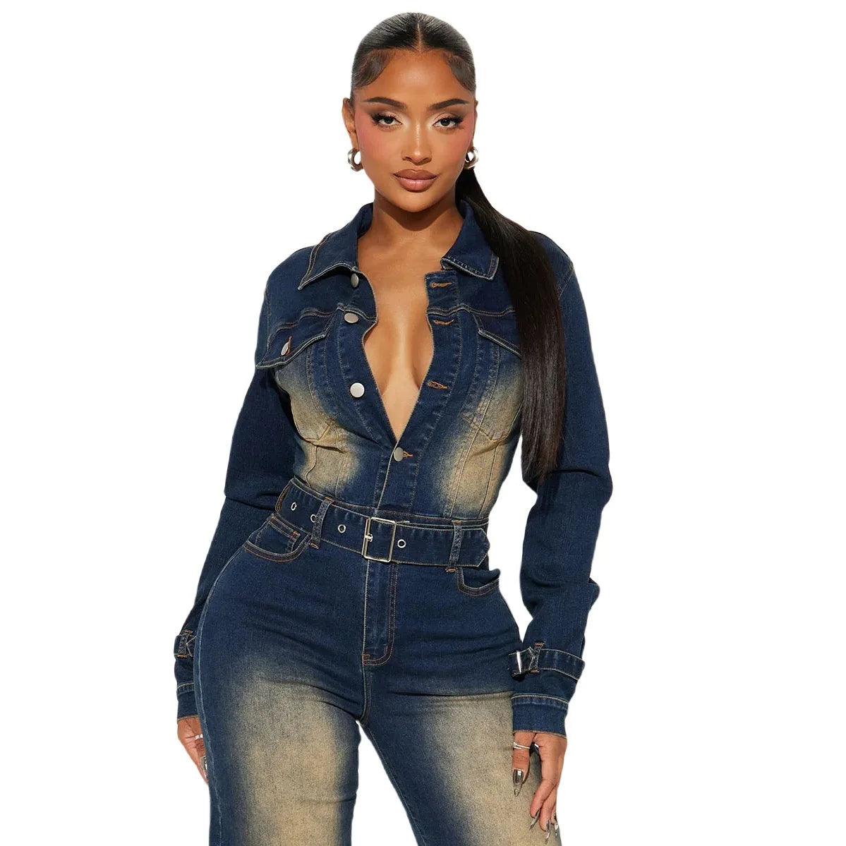 Woman wearing a denim jumpsuit 