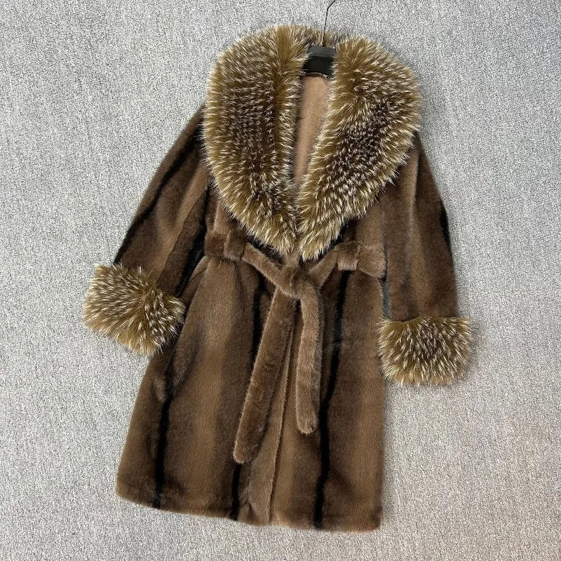 Women's Long Woolen Coat with Faux Fur Collar
