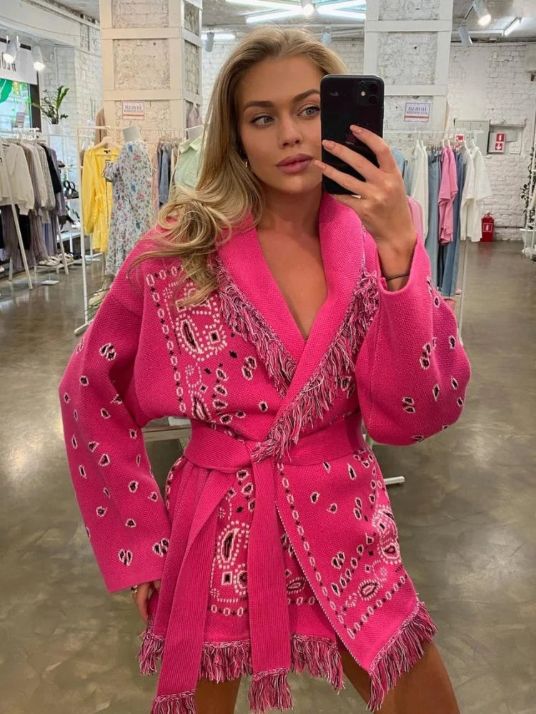 Geometric Patchwork Cardigan with Tassel Belt