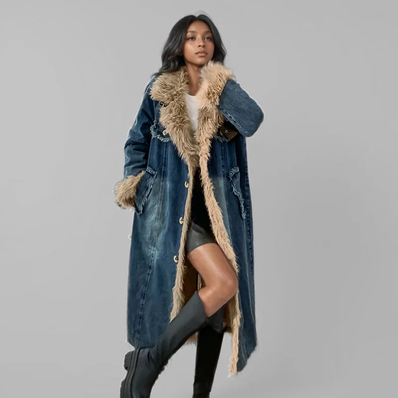 Women's Warm Denim Long Coat with Plush Trim & Belt