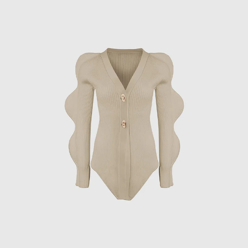 Beige ribbed bodysuit with unique sleeve design.